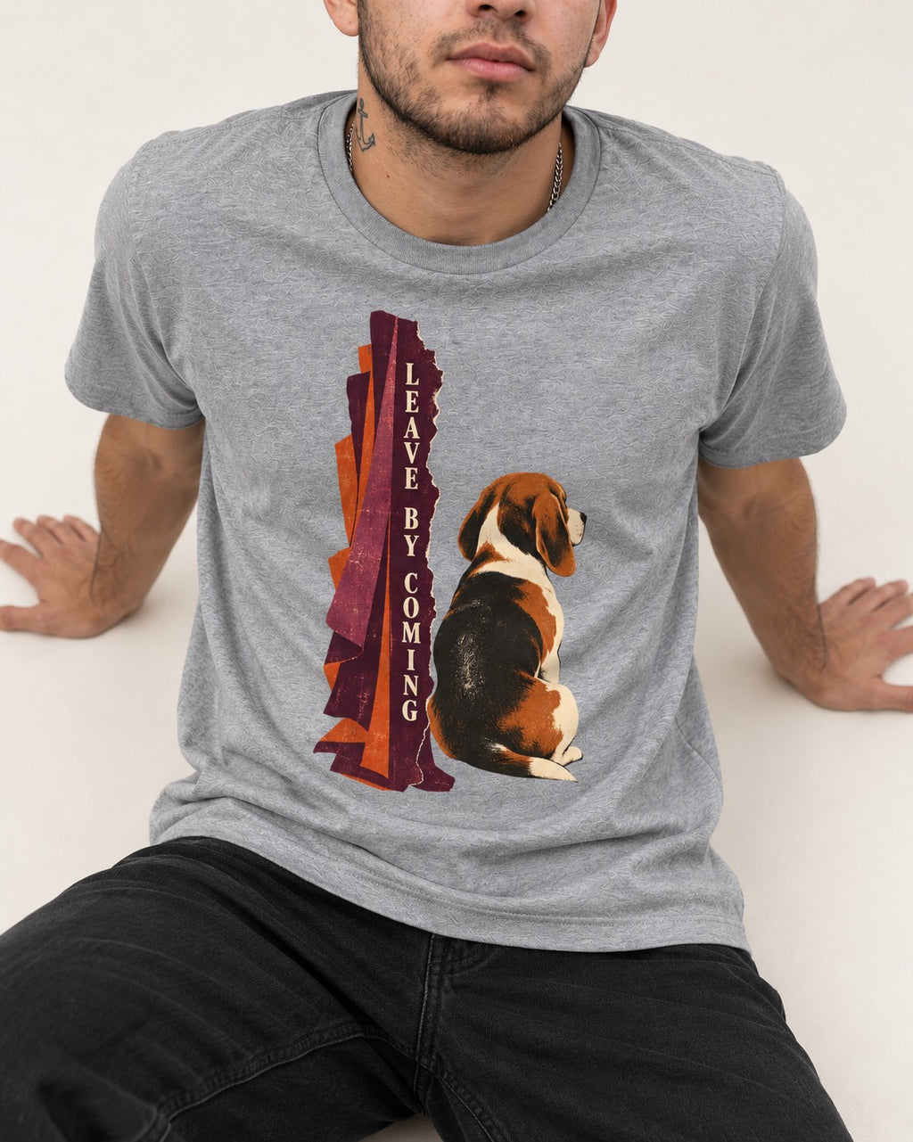 Leave By Coming Beagle Companion T-Shirt in Sport Grey, worn by a seated model