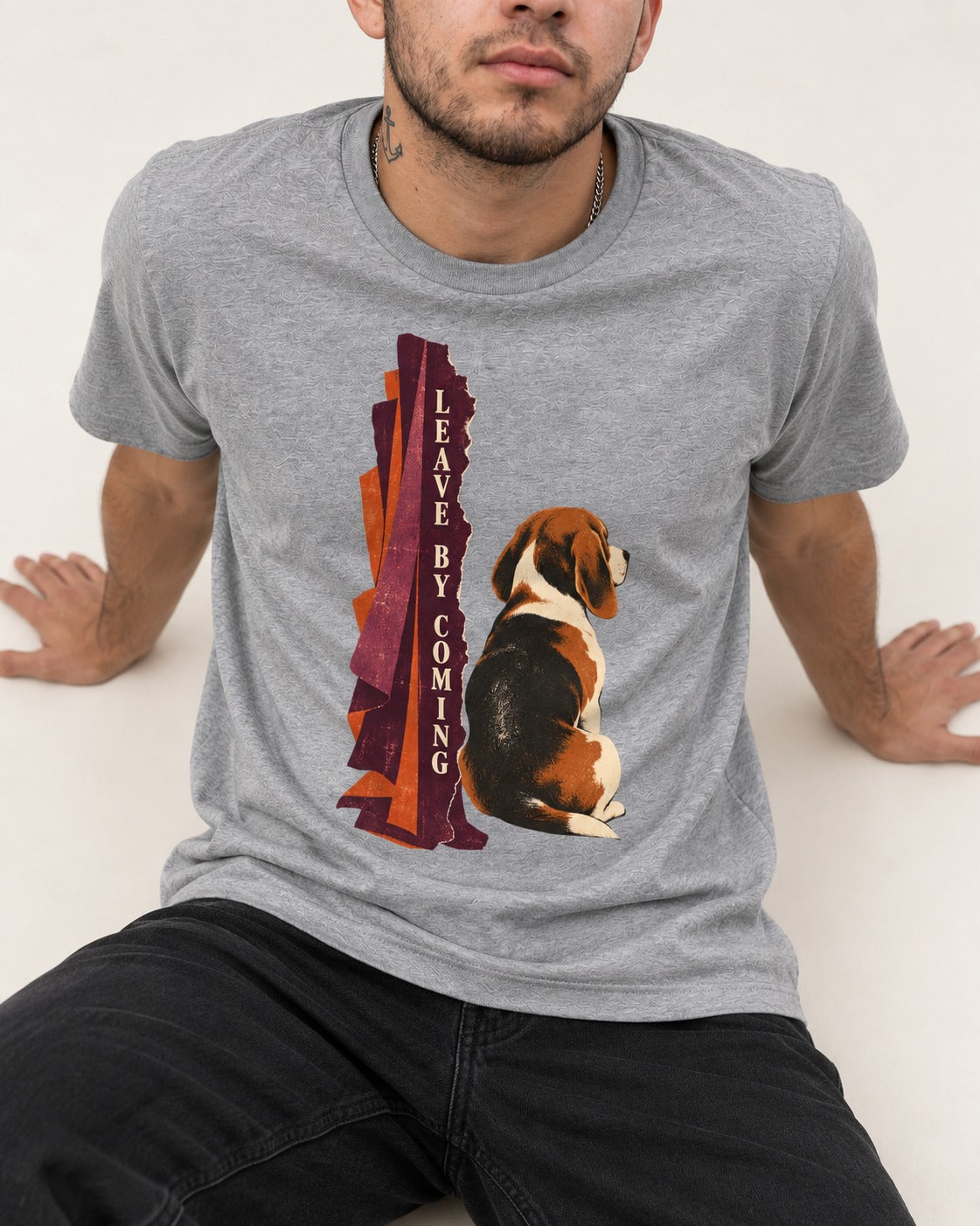 Leave By Coming Beagle Companion T-Shirt in Sport Grey, worn by a seated model