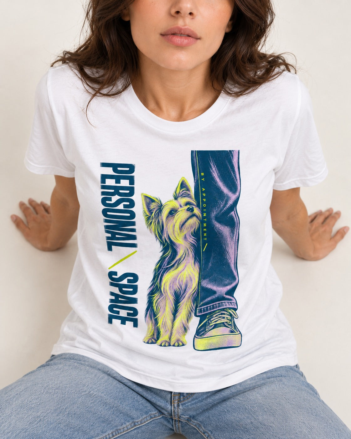 Yorkshire Terrier Personal Space by Appointment T-Shirt in White, worn by a seated model