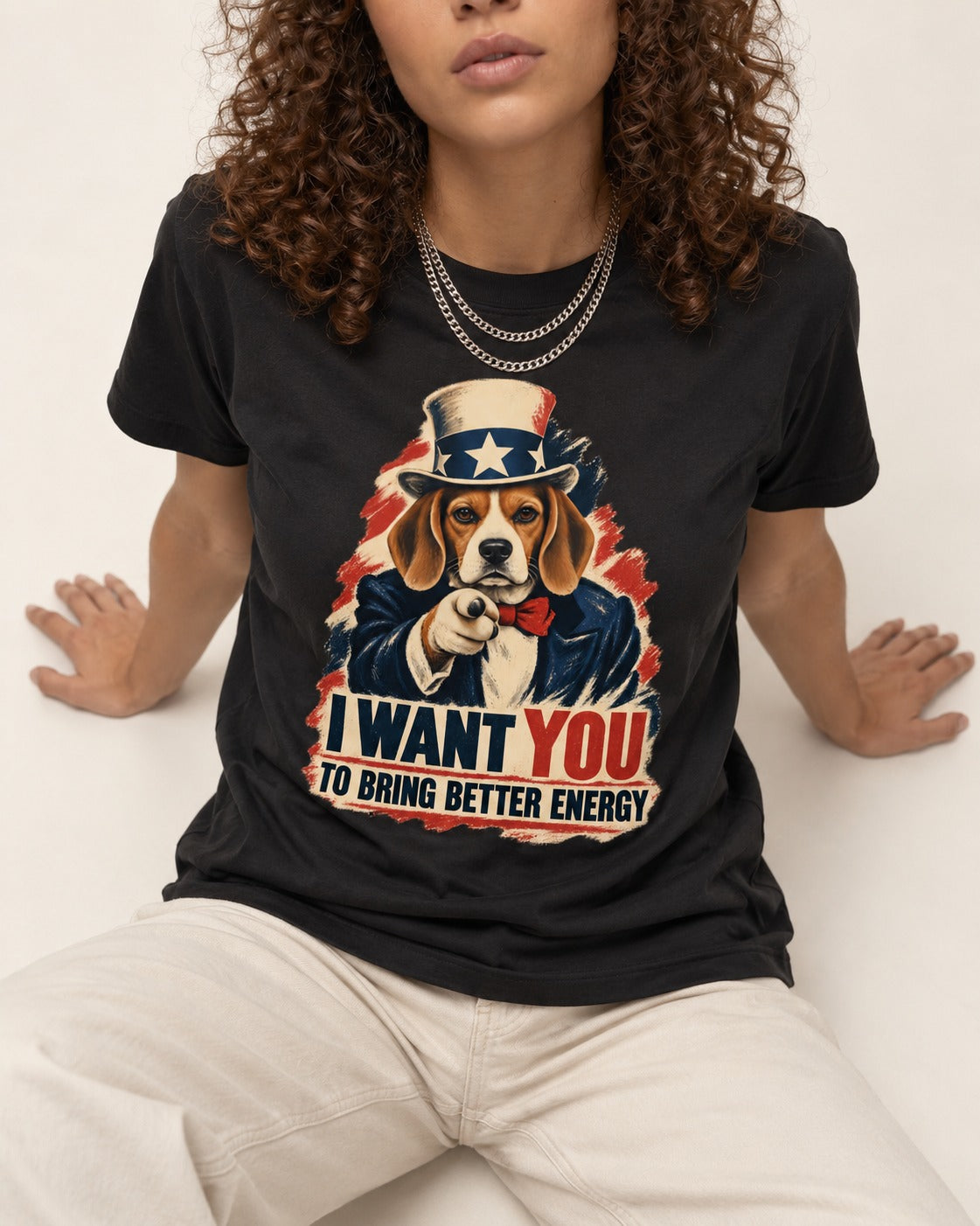 Bring Better Energy Beagle Uncle Sam T-Shirt in Black, worn by a seated model