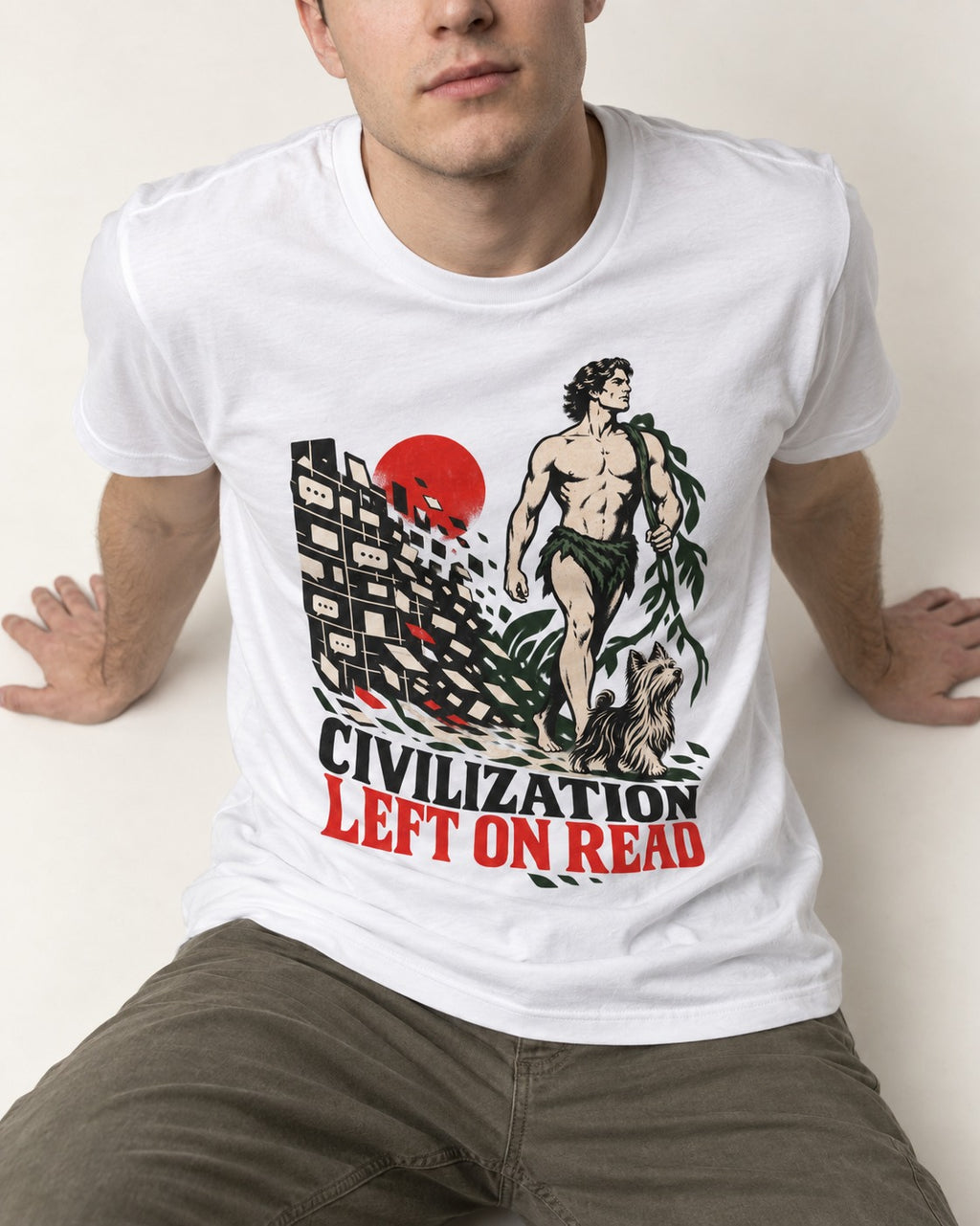 Yorkshire Terrier Left Civilization on Read T-Shirt in White, worn by a seated model