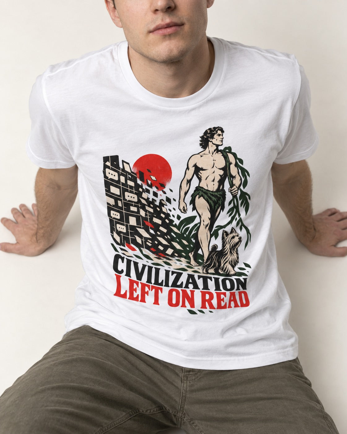 Yorkshire Terrier Left Civilization on Read T-Shirt in White, worn by a seated model