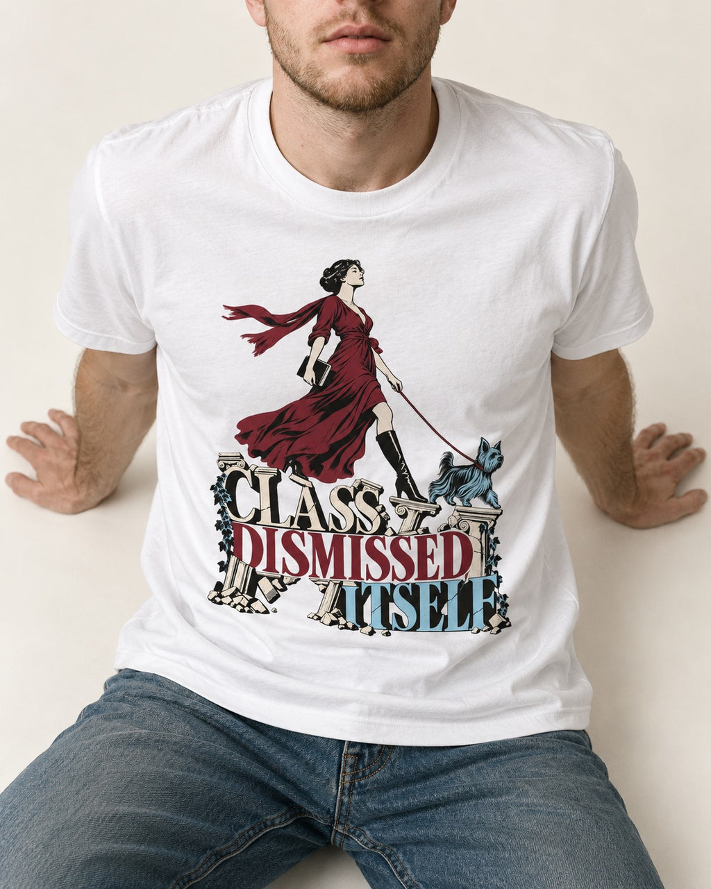 Class Dismissed Itself Yorkshire Terrier T-Shirt in White, worn by a seated model