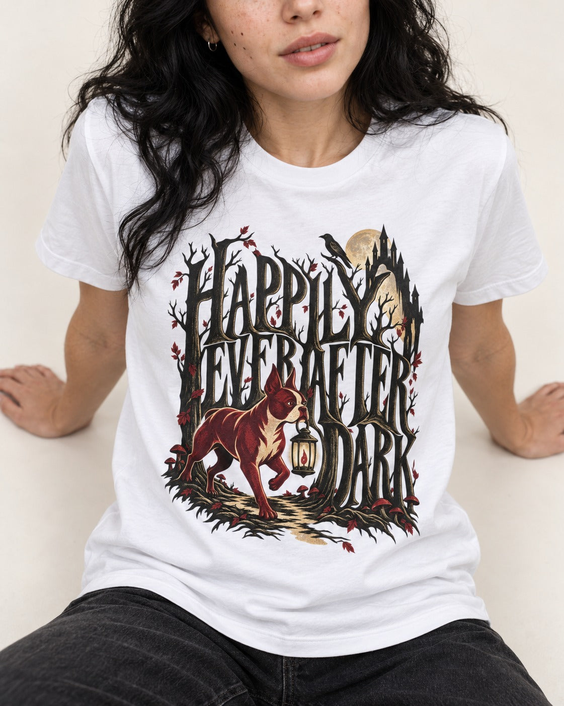 Happily Ever After Dark Boston Terrier T-Shirt in White, worn by a seated model