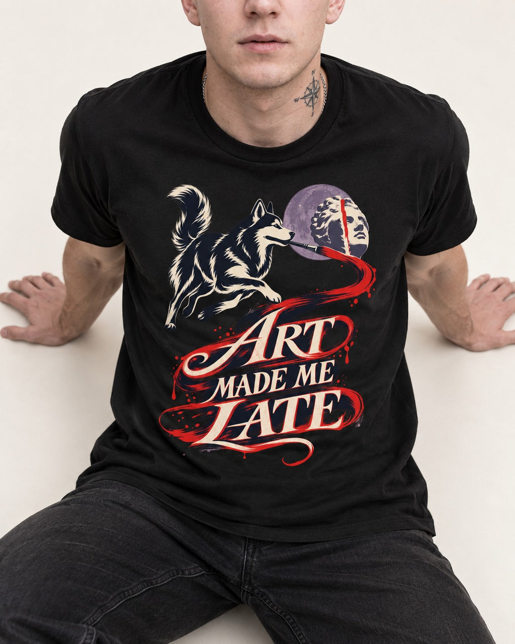 Husky Art Made Me Late Paintbrush Graphic T-Shirt in Black, worn by a seated model