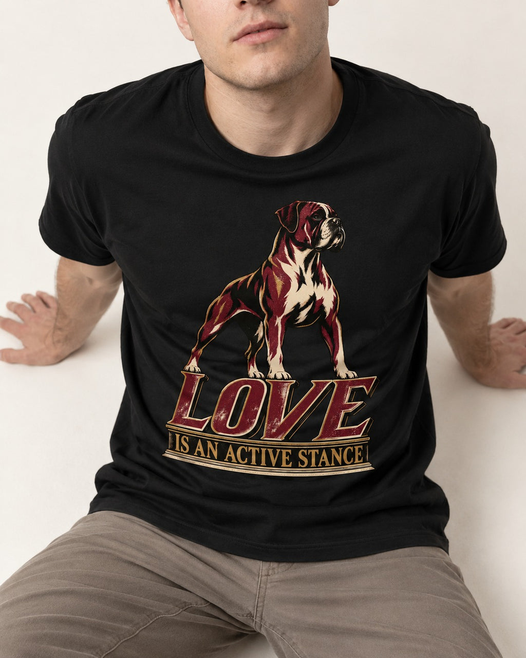 Love Is an Active Stance Boxer Pedestal Graphic T-Shirt in Black, worn by a seated model