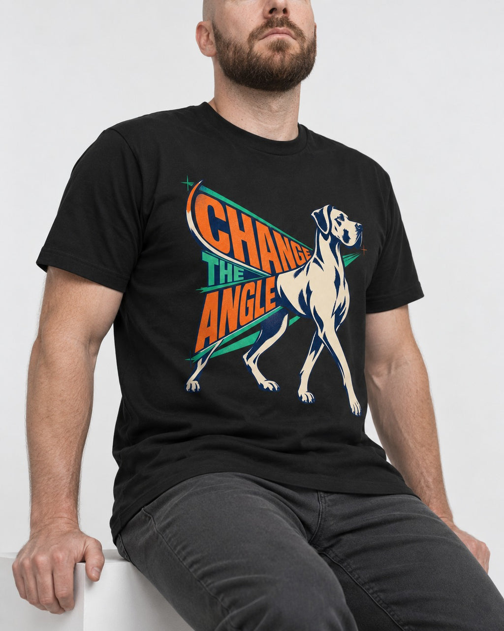 Great Dane Change the Angle Walking Graphic T-Shirt in Black, worn by a seated model