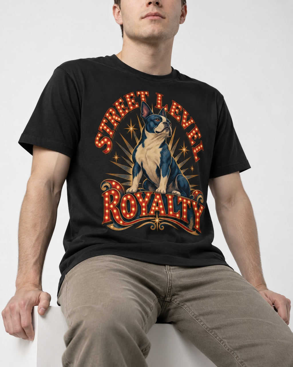 Street Level Royalty Boston Terrier T-Shirt in Black, worn by a seated model
