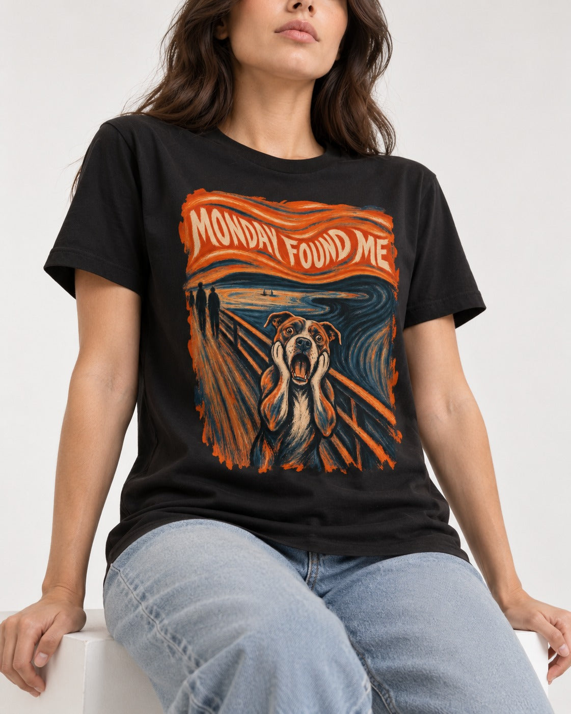 Pitbull Monday Found Me Expressionist Scream Graphic T-Shirt in Black, worn by a seated model