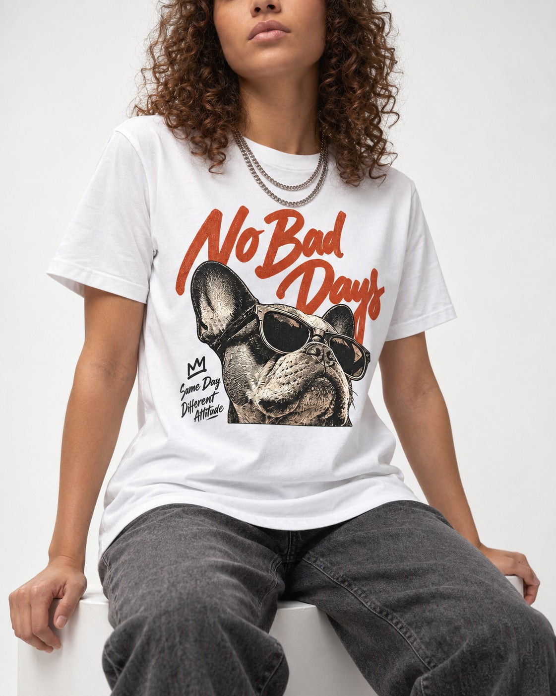 Frenchie No Bad Days T-Shirt in White, worn by a seated model