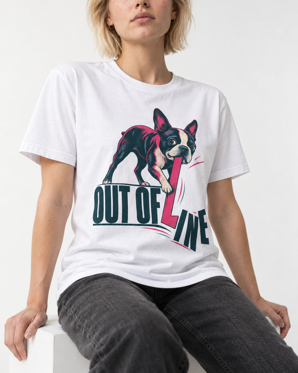 Boston Terrier Out of Line T-Shirt in White, worn by a seated model