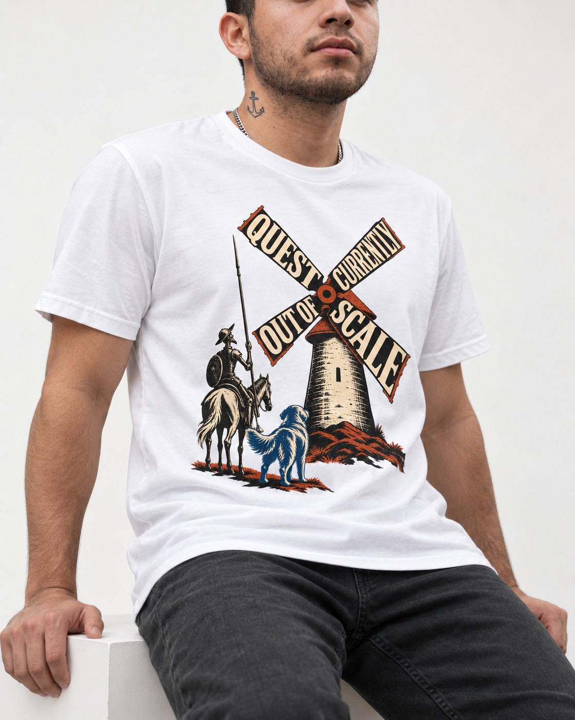 Golden Retriever Quest Out of Scale T-Shirt in White, worn by a seated model