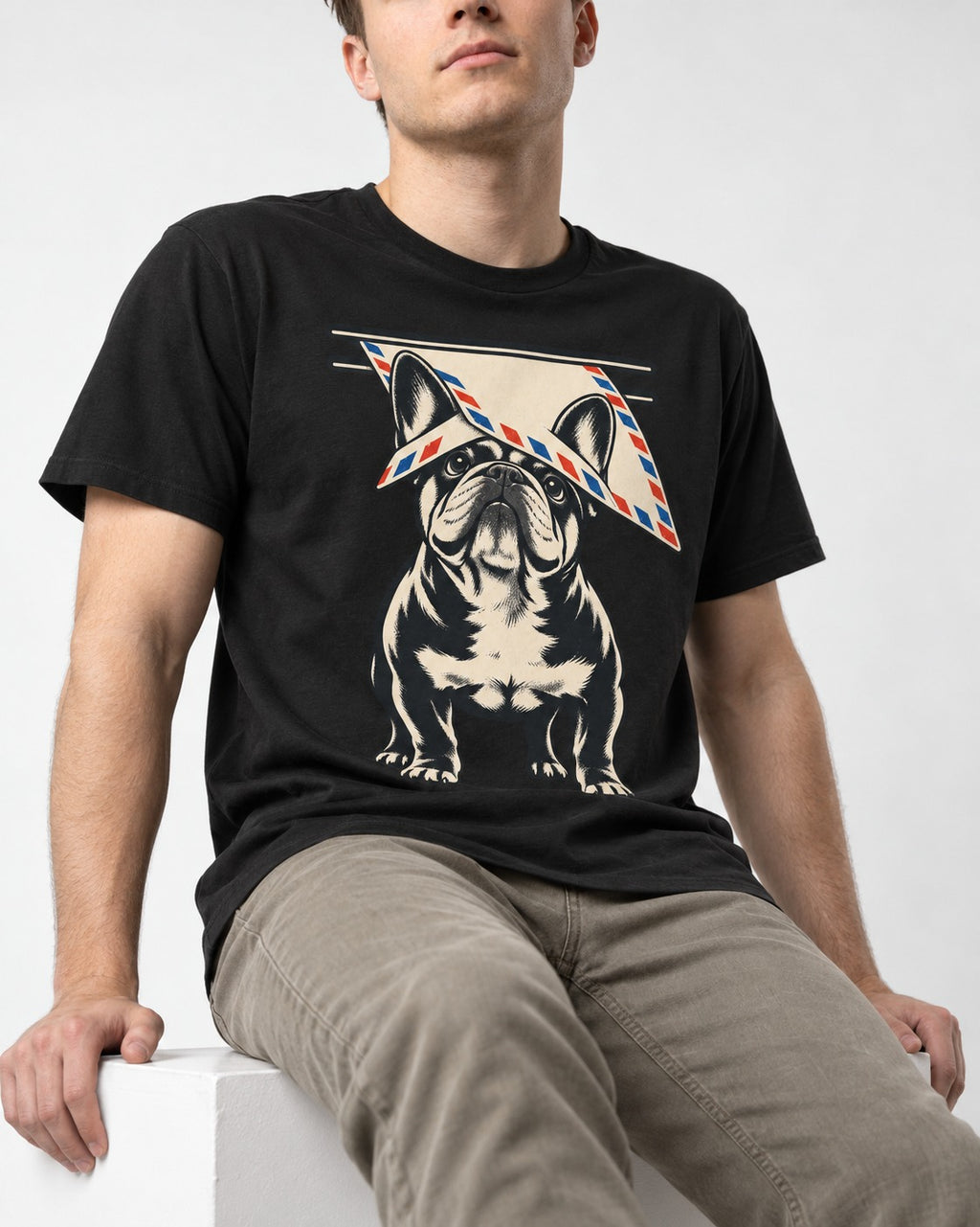 Frenchie Mail Slot Intercept Graphic T-Shirt in Black, worn by a seated model