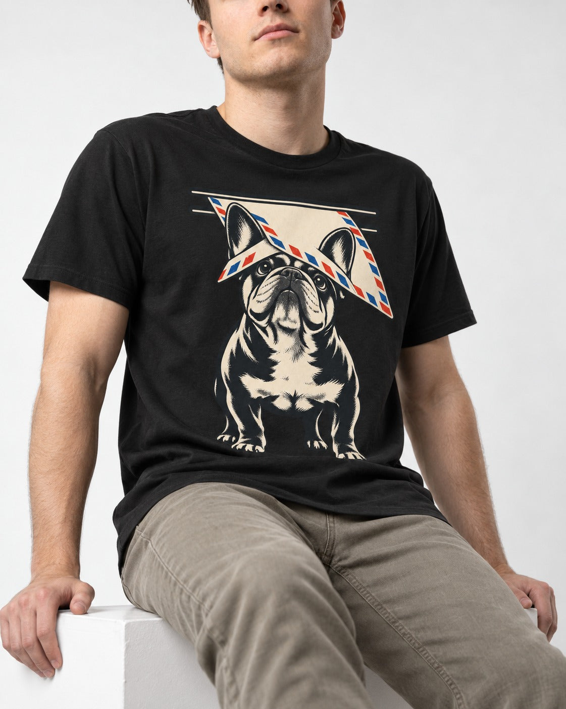 Frenchie Mail Slot Intercept Graphic T-Shirt in Black, worn by a seated model