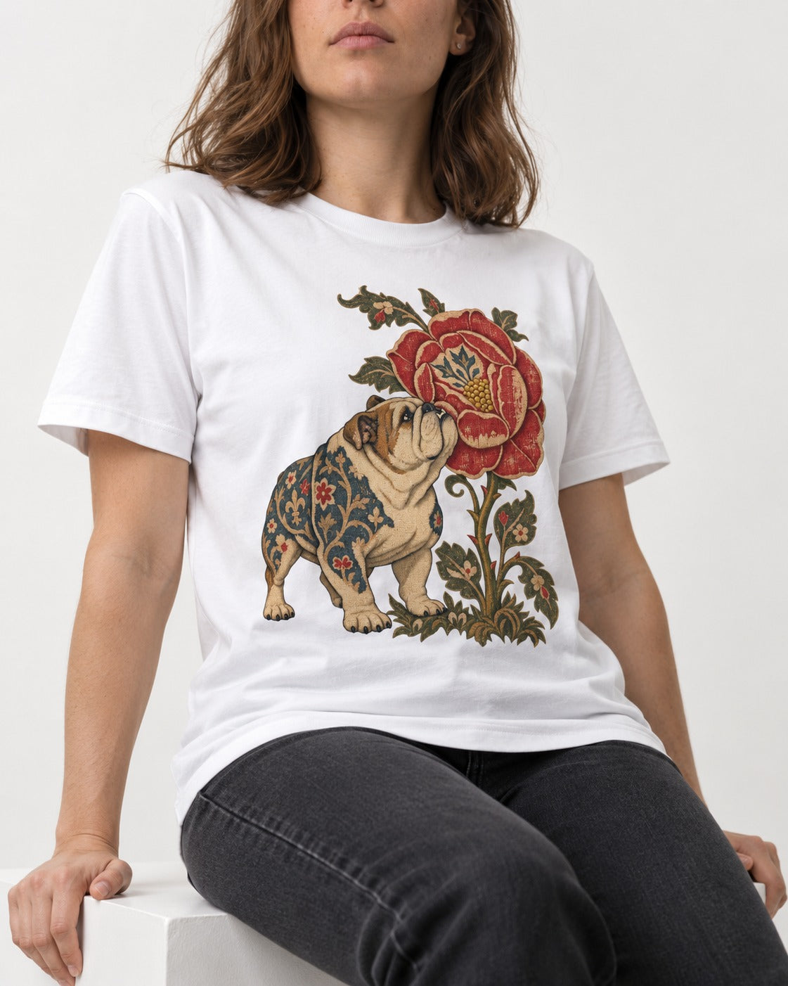 English Bulldog Tender Devotion T-Shirt in White, worn by a seated model