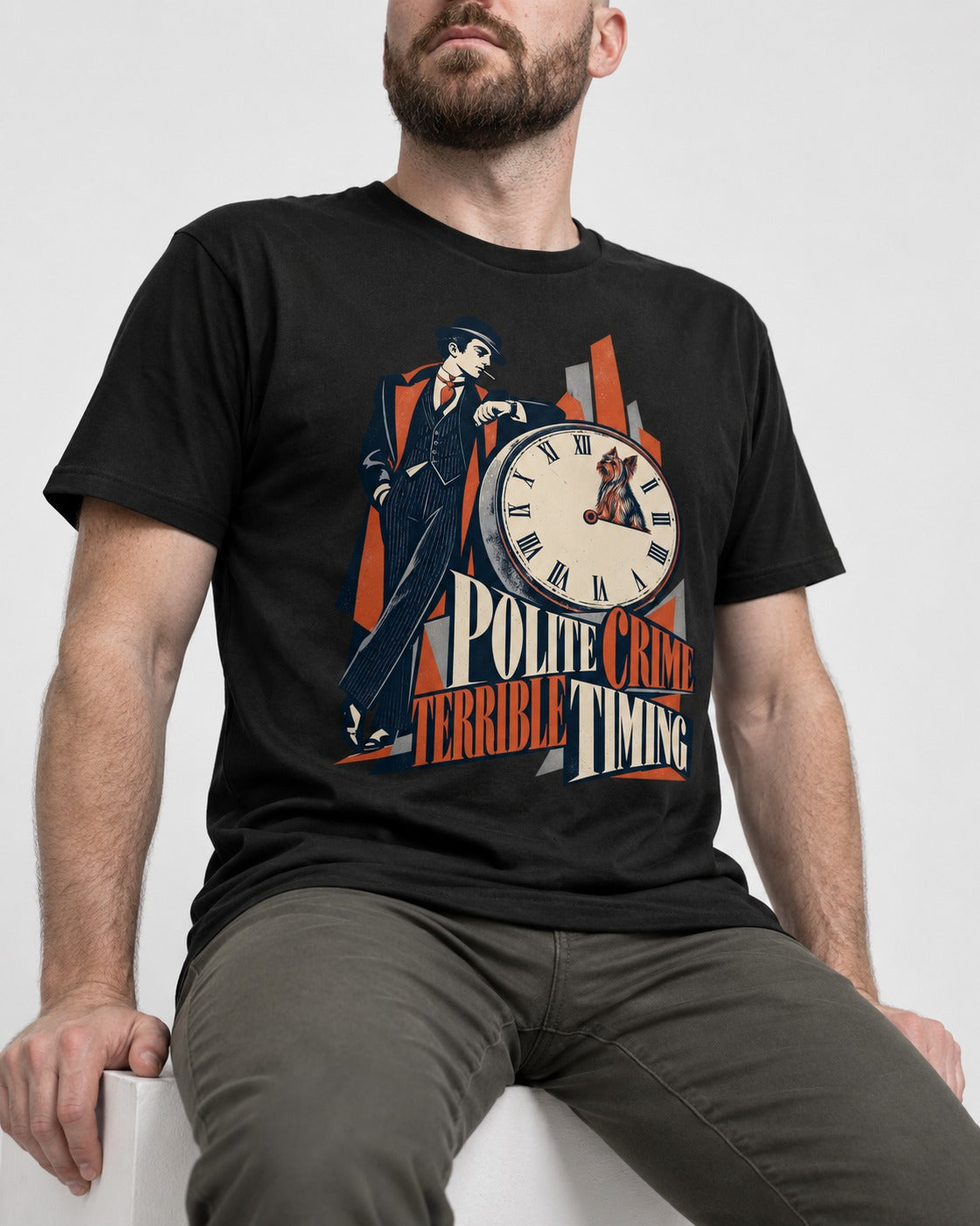 Yorkshire Terrier Polite Crime Terrible Timing Art Deco Clock Graphic T-Shirt in Black, worn by a seated model