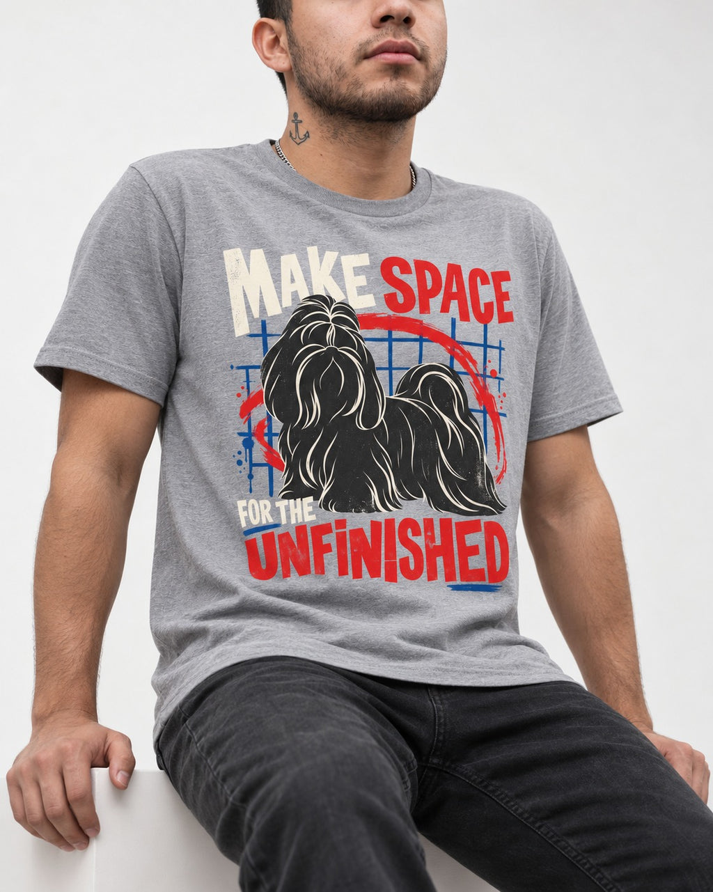 Shih Tzu Make Space for the Unfinished Abstract Circle Graphic T-Shirt in Sport Grey, worn by a seated model