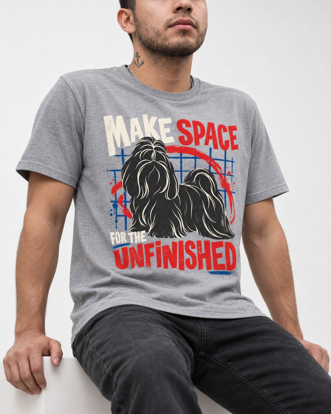 Shih Tzu Make Space for the Unfinished Abstract Circle Graphic T-Shirt in Sport Grey, worn by a seated model