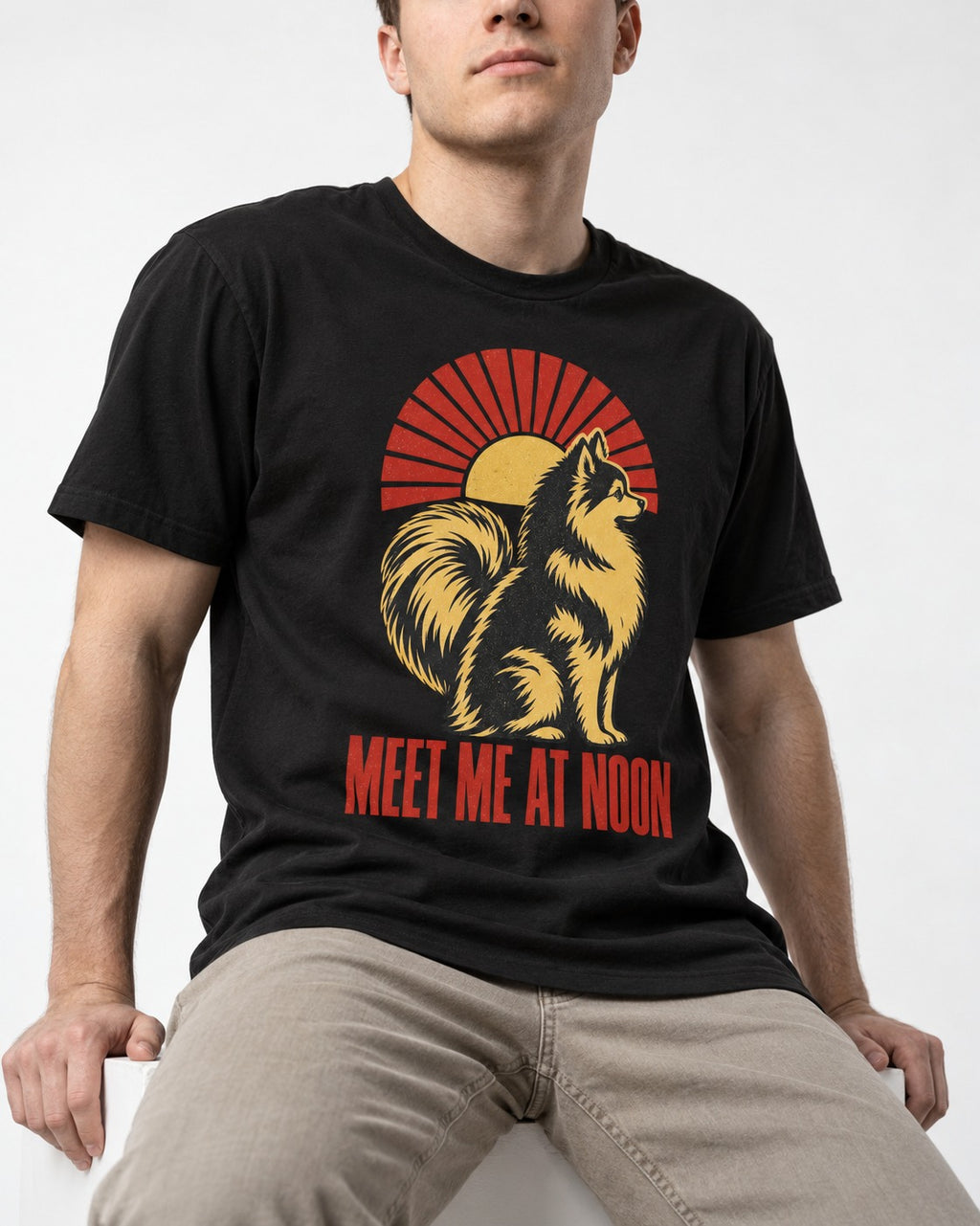 Pomeranian Meet Me at Noon Sunburst Graphic T-Shirt in Black, worn by a seated model
