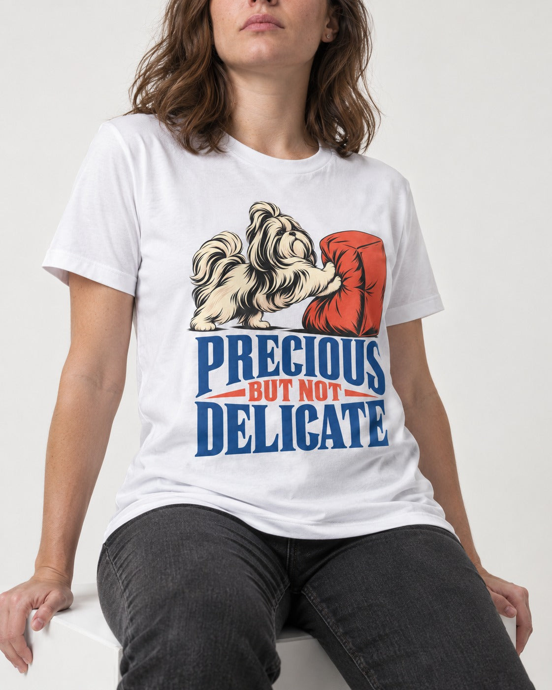 Precious but Not Delicate Shih Tzu T-Shirt in White, worn by a seated model