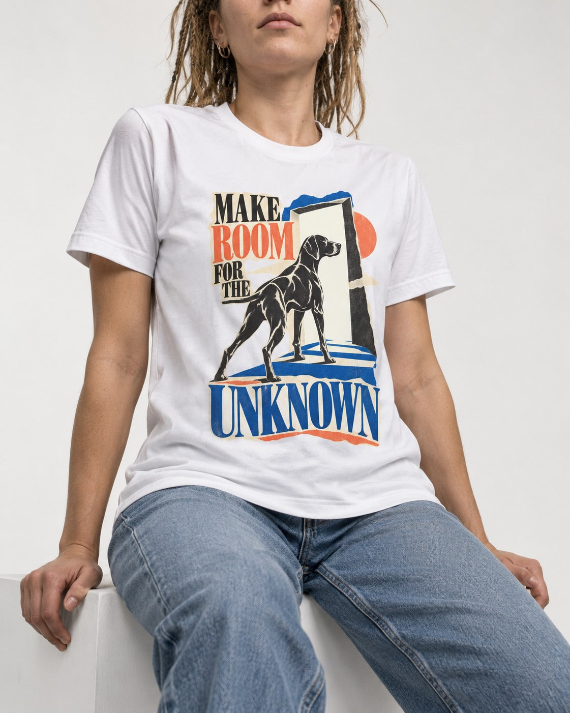 German Shorthaired Pointer Room for the Unknown T-Shirt in White, worn by a seated model