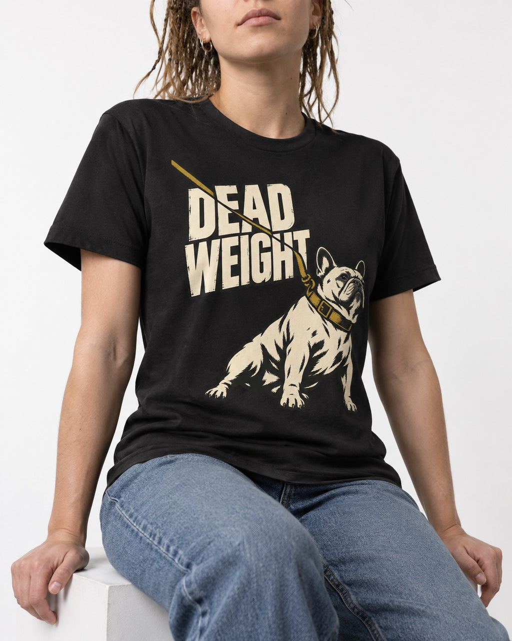 Frenchie Dead Weight Leash Graphic T-Shirt in Black, worn by a seated model