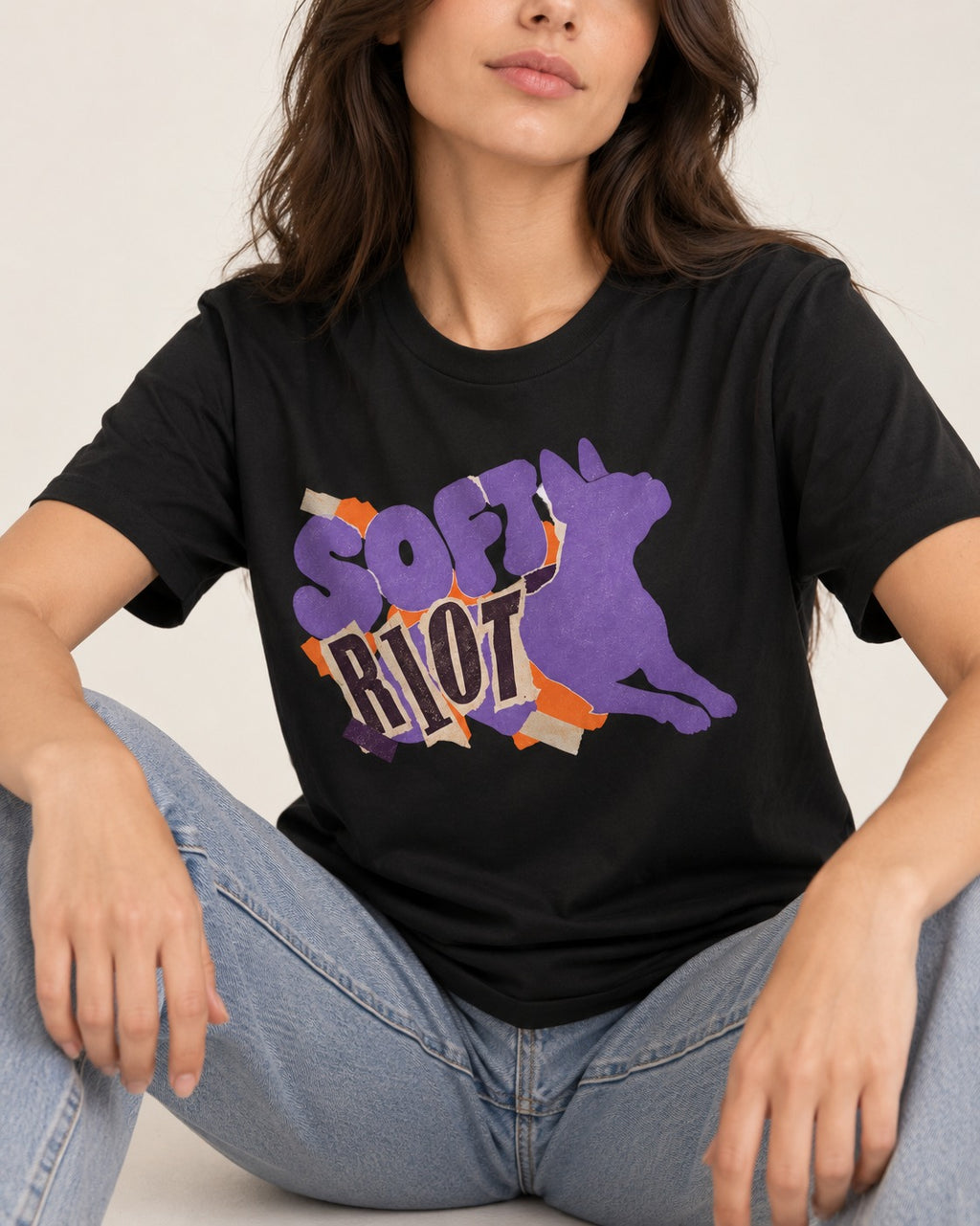 Soft Riot Boston Terrier Graphic T-Shirt in Black, worn by a seated model