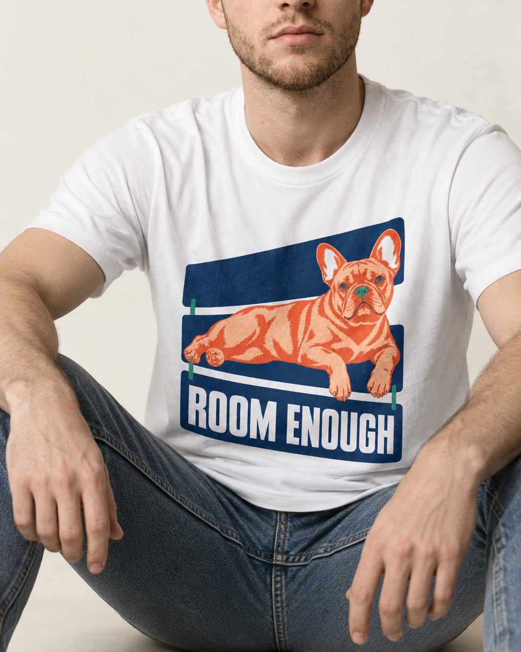 Room Enough for Frenchie T-Shirt in White, worn by a seated model