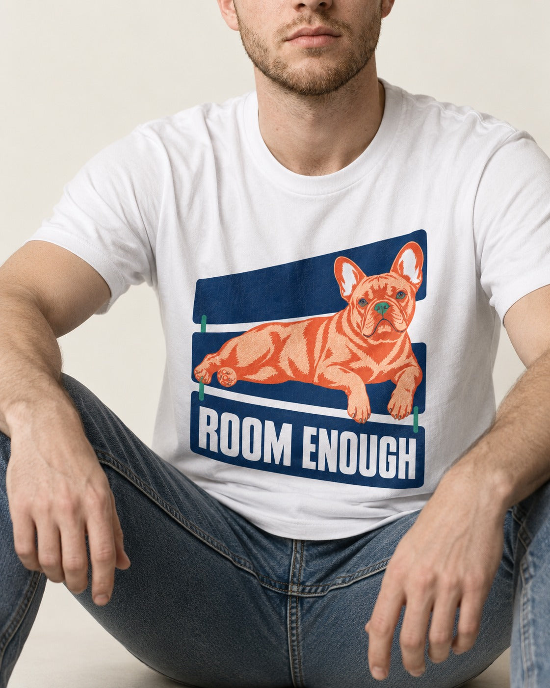 Room Enough for Frenchie T-Shirt in White, worn by a seated model