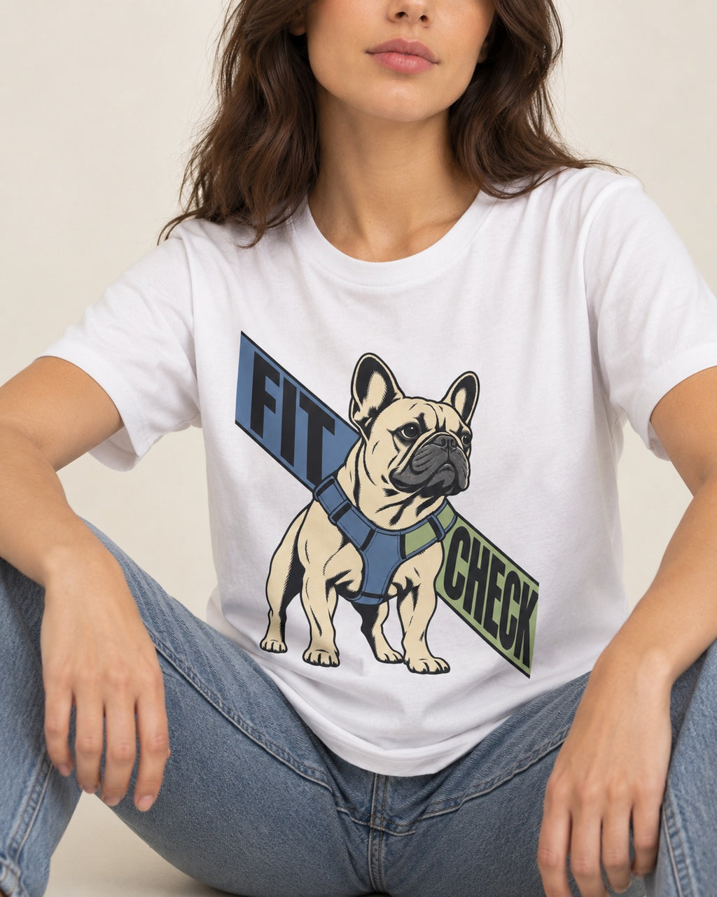 Frenchie Fit Check T-Shirt in White, worn by a seated model