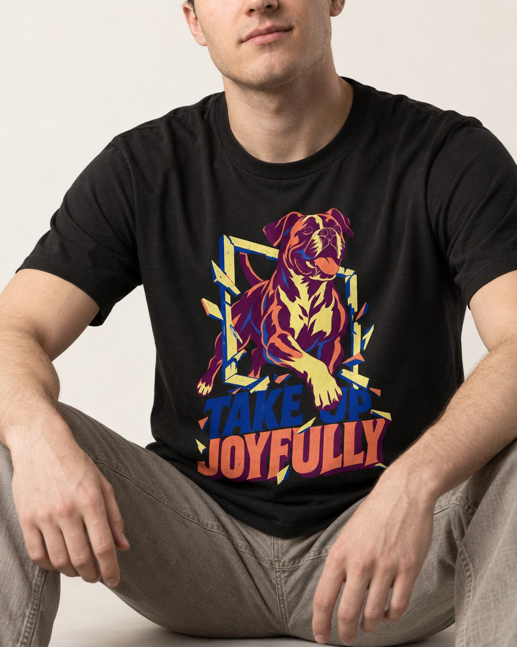 Take Up Joyfully Boxer Breakthrough Graphic T-Shirt in Black, worn by a seated model