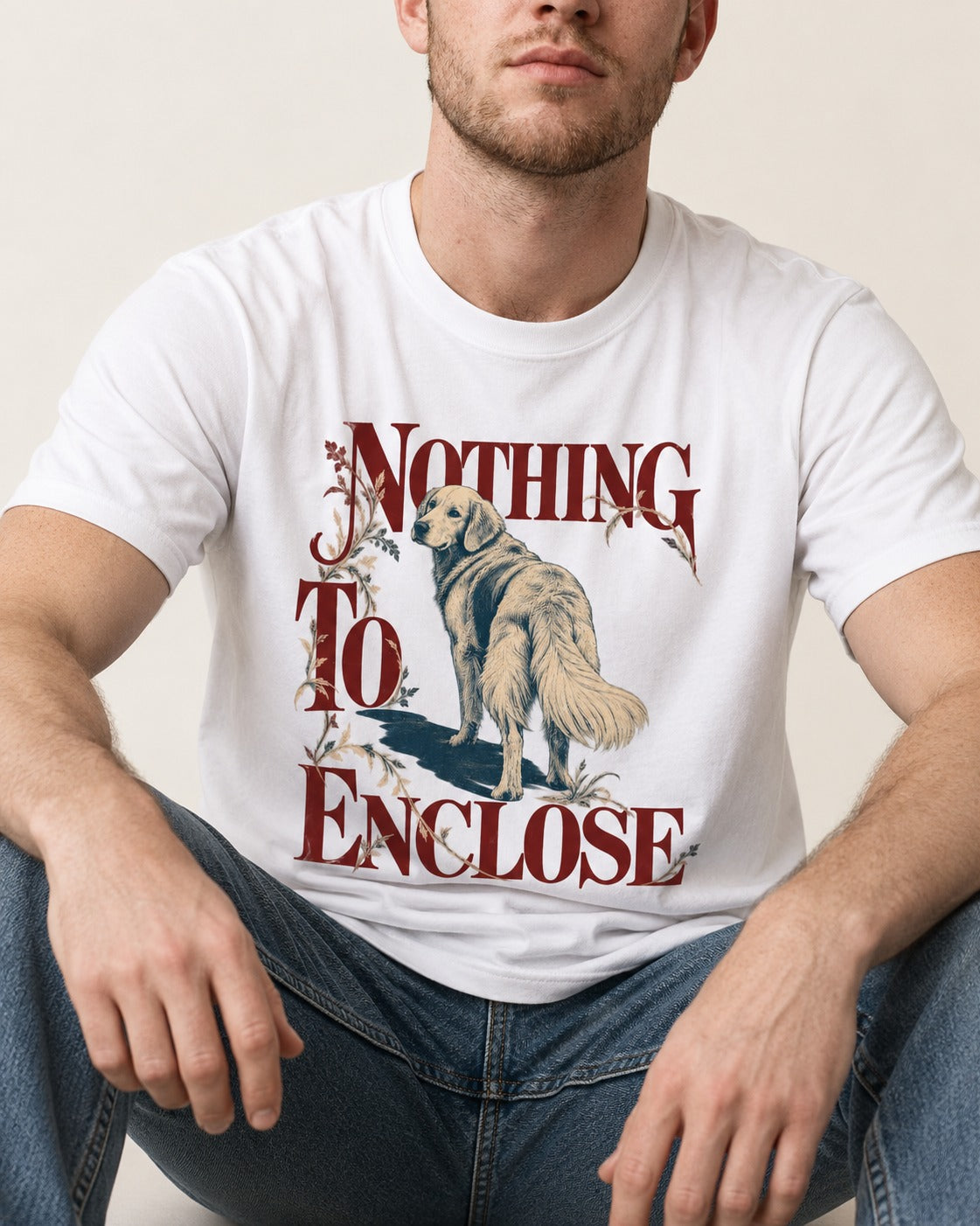 Golden Retriever Nothing to Enclose T-Shirt in White, worn by a seated model