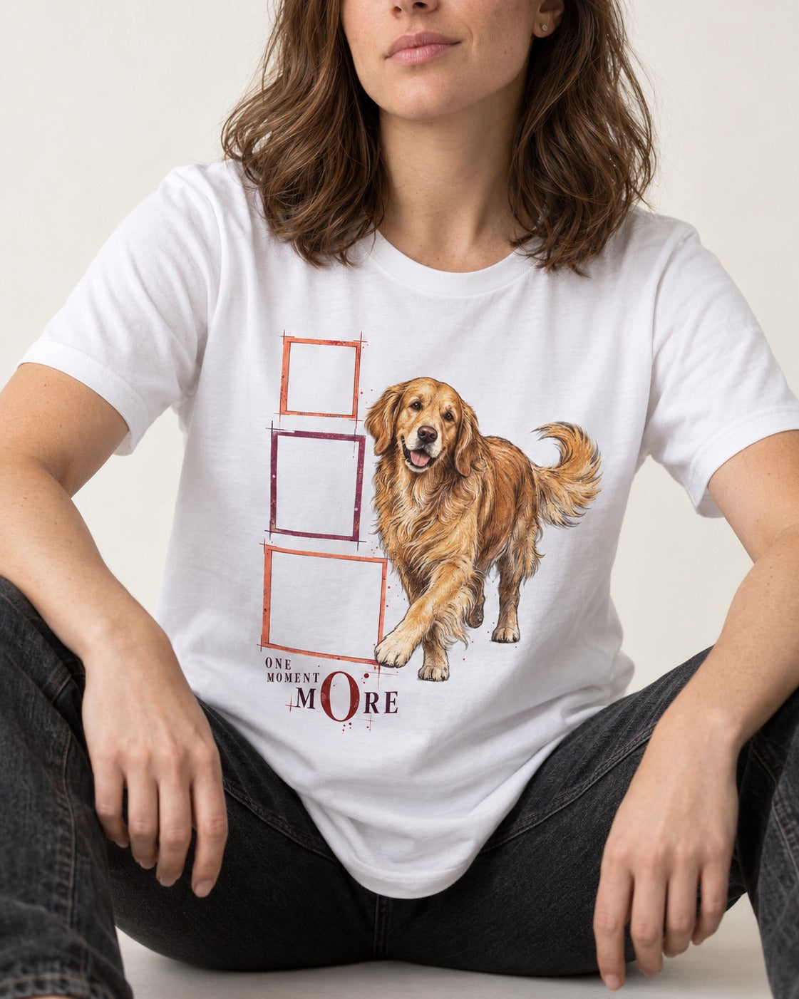 Golden Retriever One Moment More T-Shirt in White, worn by a seated model