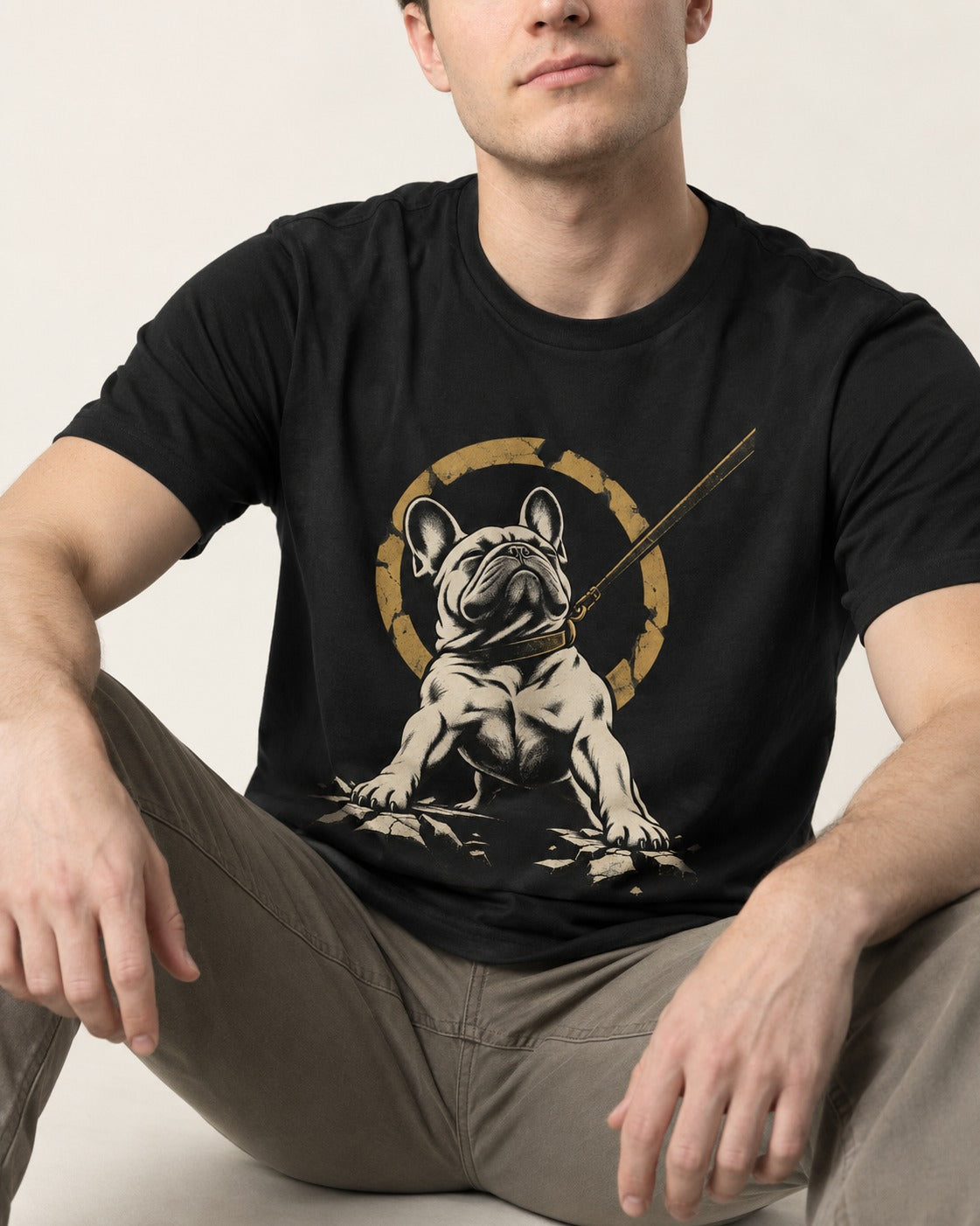 Frenchie Stubborn Leash Monument Graphic T-Shirt in Black, worn by a seated model