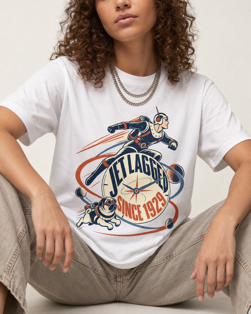 Jet Lagged Pug T-Shirt in White, worn by a seated model