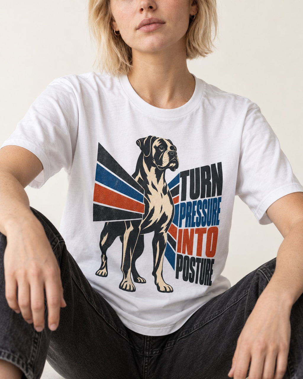 Boxer Turn Pressure Into Posture T-Shirt in White, worn by a seated model