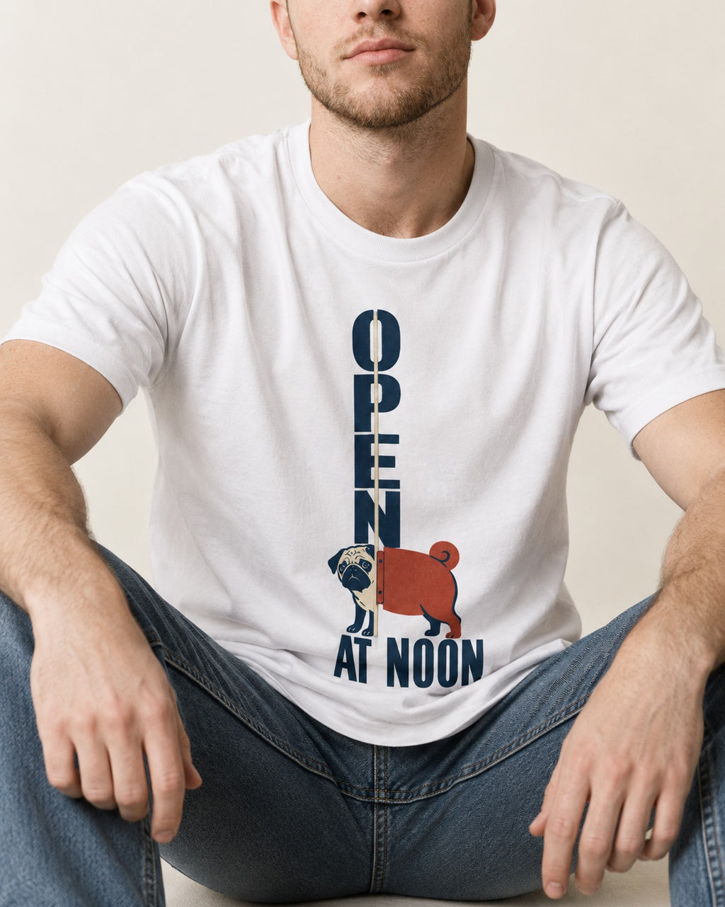 Pug Open at Noon T-Shirt in White, worn by a seated model