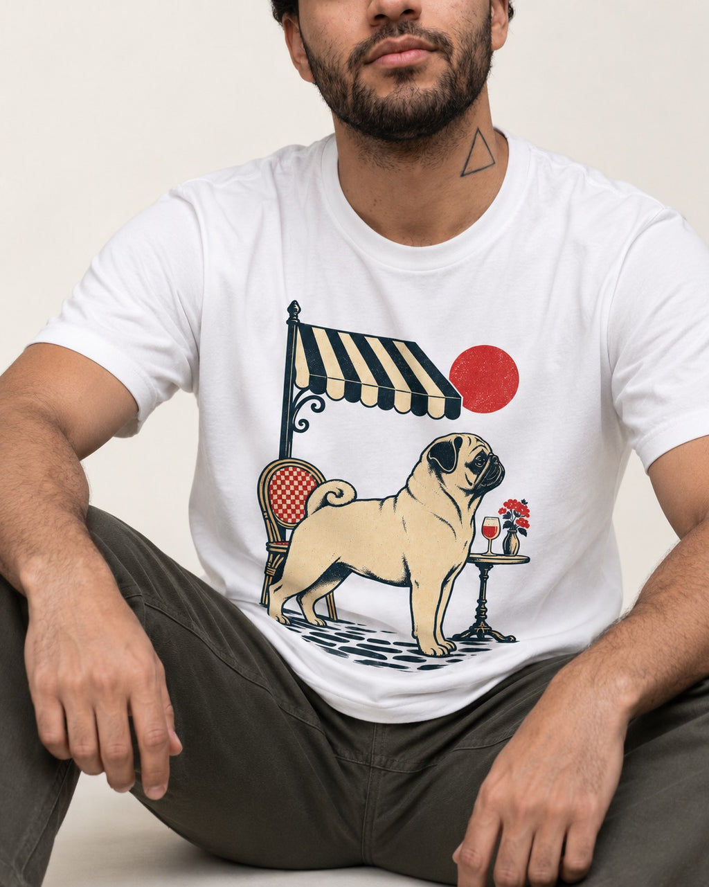 Pug Joie De Vivre T-Shirt in White, worn by a seated model