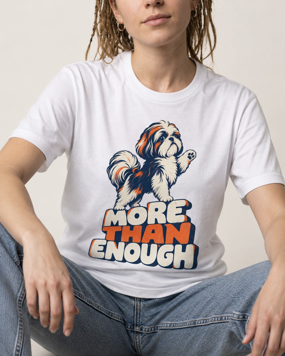 More Than Enough Shih Tzu T-Shirt in White, worn by a seated model