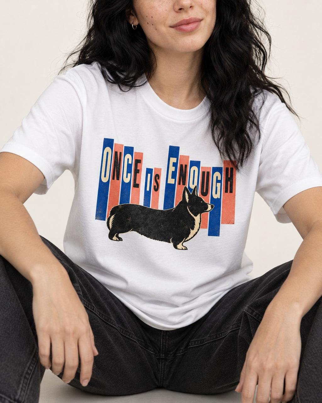 Corgi Once Is Enough T-Shirt in White, worn by a seated model