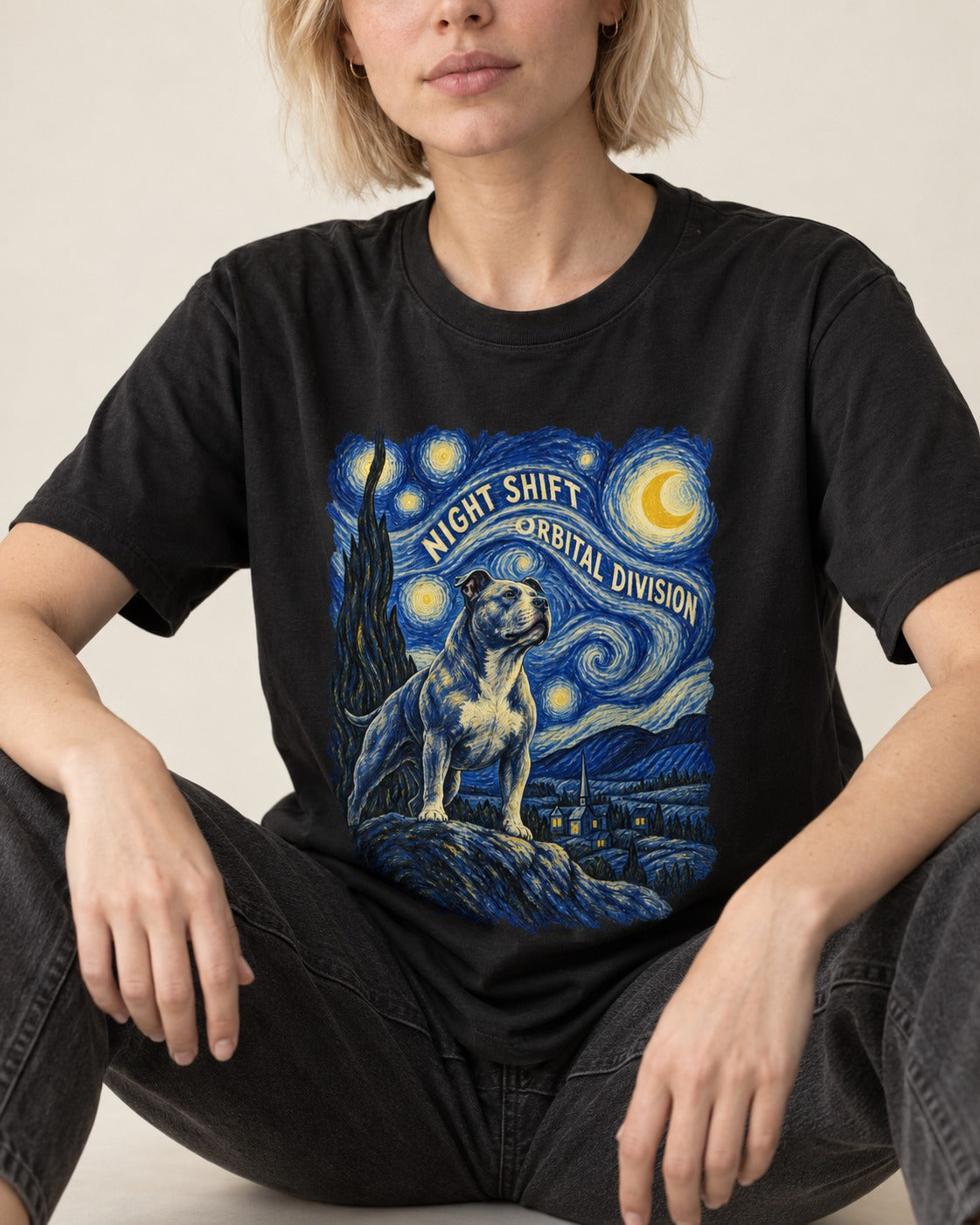 Pitbull Night Shift Orbital Division Starry Night Graphic T-Shirt in Black, worn by a seated model