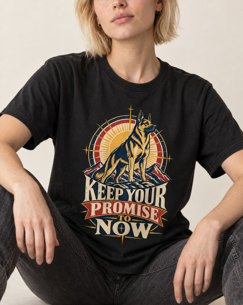 Keep Your Promise To Now Sunrise German Shepherd Dog Graphic T-Shirt in Black, worn by a seated model