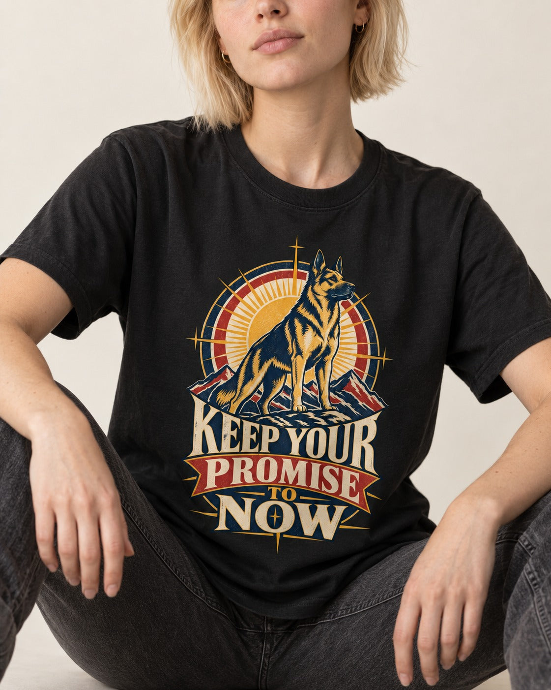 Keep Your Promise To Now Sunrise German Shepherd Dog Graphic T-Shirt in Black, worn by a seated model