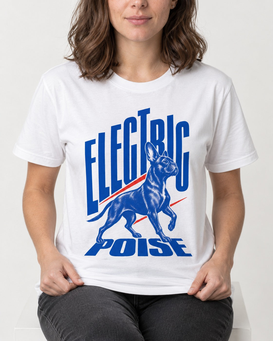 Boston Terrier Electric Poise T-Shirt in White, worn by a seated model