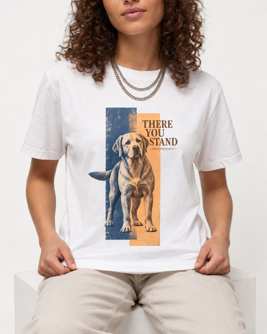 There You Stand Labrador Retriever T-Shirt in White, worn by a seated model