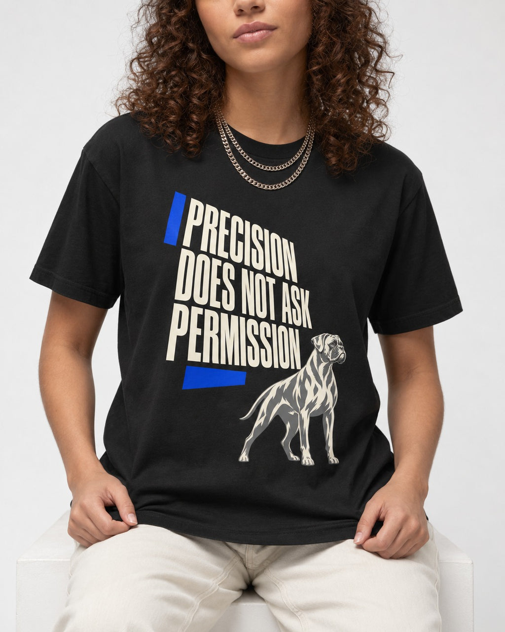 Precision Does Not Ask Permission Boxer T-Shirt in Black, worn by a seated model