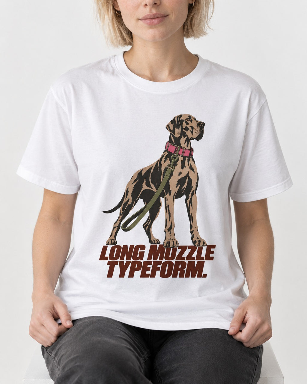 Long Muzzle Typeform Great Dane T-Shirt in White, worn by a seated model