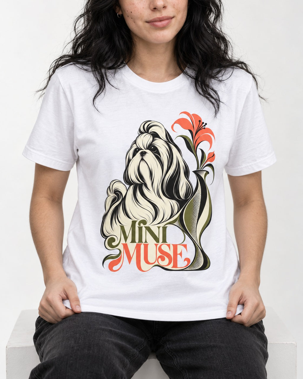 Shih Tzu Mini Muse T-Shirt in White, worn by a seated model