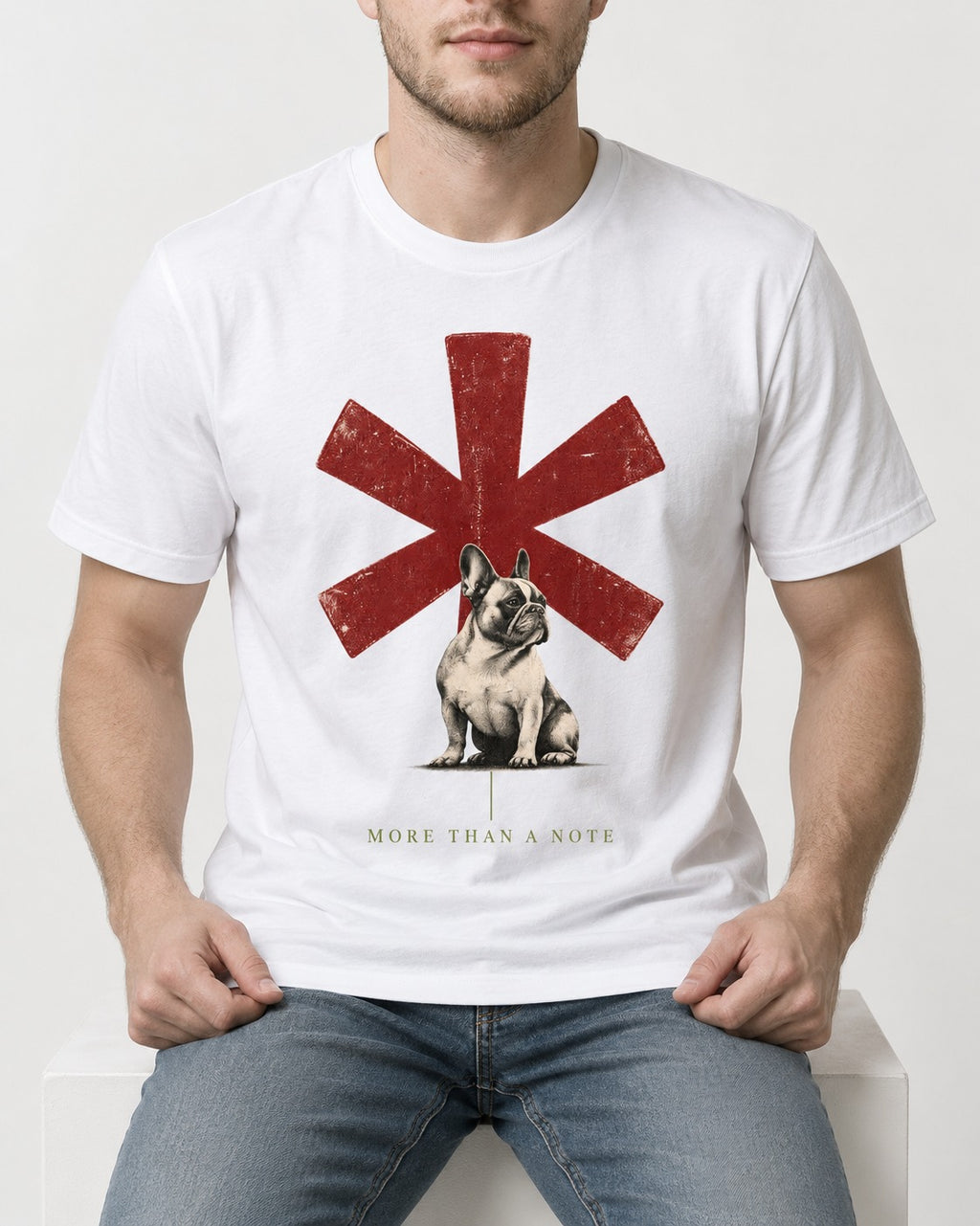 Frenchie More Than a Note T-Shirt in White, worn by a seated model