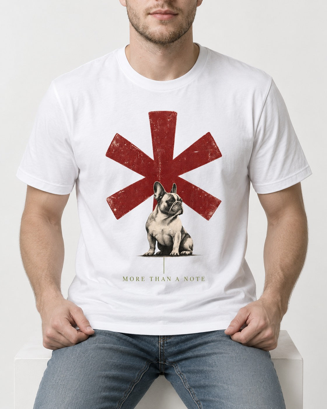 Frenchie More Than a Note T-Shirt in White, worn by a seated model